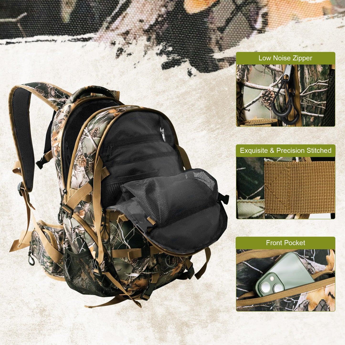 GoHimal 600D Waterproof Hunting Backpack for Men, 35L Camo Hunting Pack with Bow Holder