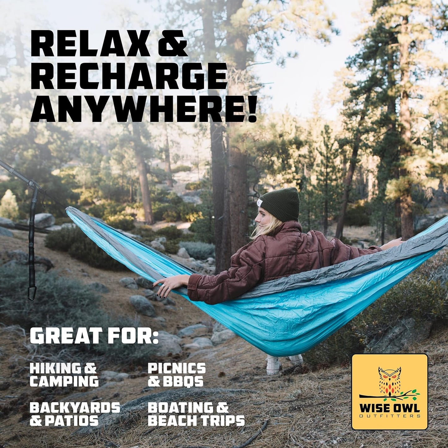 Wise Owl Outfitters Camping Hammock – 500lbs Portable Hammock with Tree Straps - Travel, Backpacking, Hiking, Outdoors Camping Gear - Single or Double