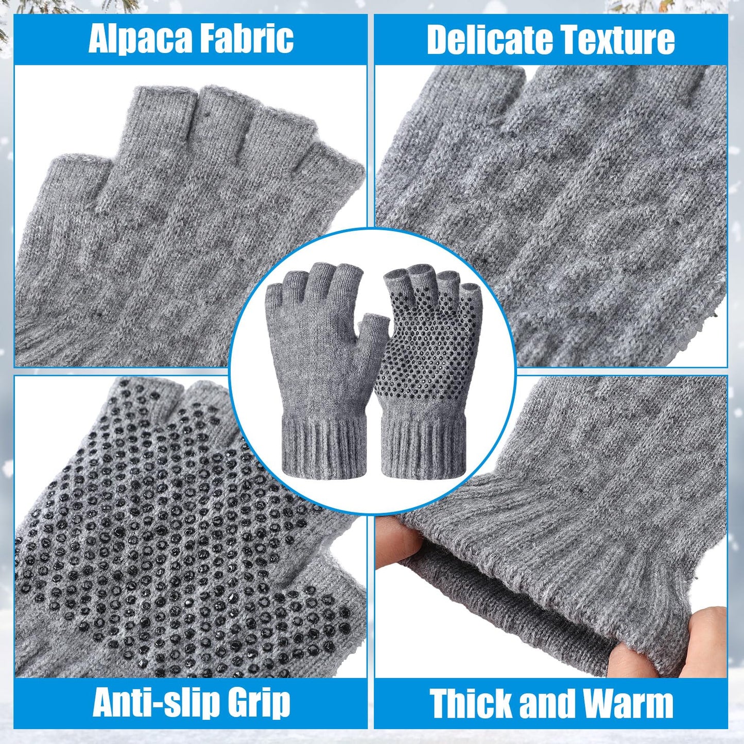 Geyoga 2 Pairs Wool Fingerless Fishing Gloves for Men Women Anti-Slip with Grip Dots Warm Winter Fly Ice Fishing Gloves(Black and Gray,Fingerless)