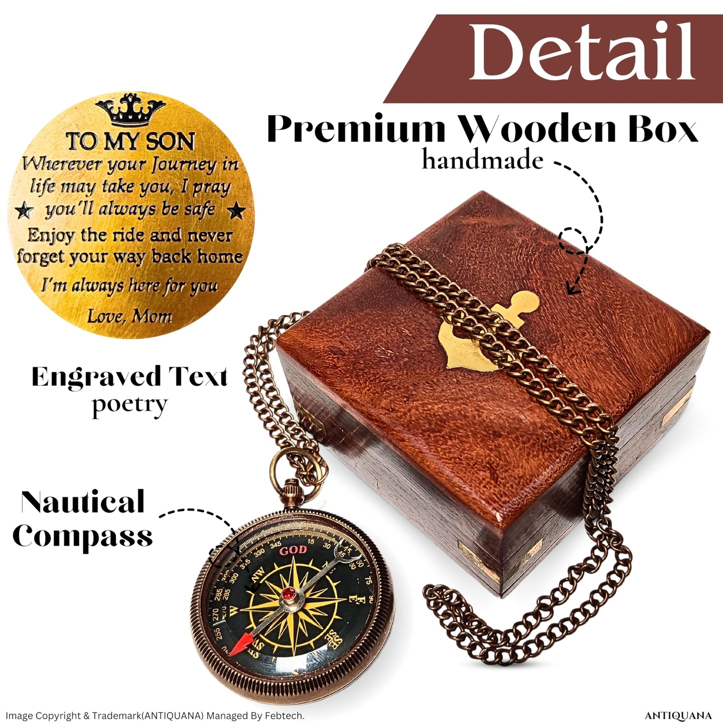 ANTIQUANA Compass with Wooden Box - Father to Son Gifts - Graduation Day Gifts