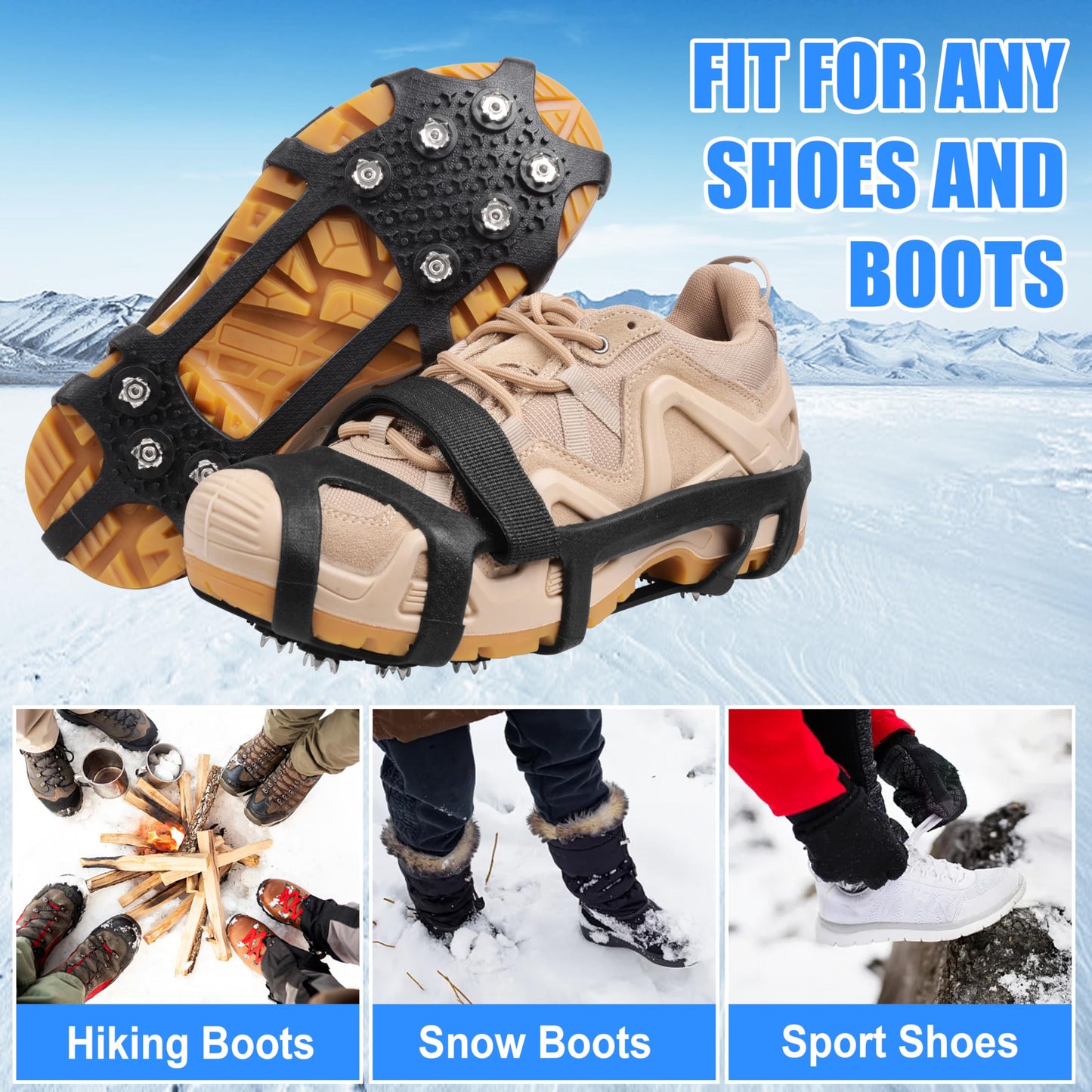 Ice Cleats Crampons for Shoes and Boots Non Slip Ice Grippers 9 Studs Snow Traction Cleat Crampons for Hiking Boots Women Men Winter Walking Hiking Ice Fishing Gear