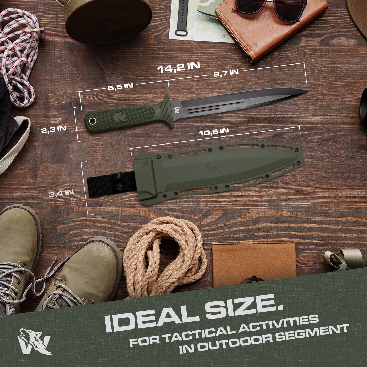 ODENWOLF W-Catcher Fixed Blade Knife with Sheath - Large Hunting-Knife made of D2 steel - Big Fixed Blade Knives with Non-Slip TPE Handle - Full Tang Survivalknife for Outdoor Activities