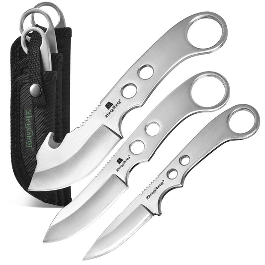 ZhengSheng 3 Piece Full Tang Fixed Blade Knives, Survival Knives Bowie knife and Gut Hook Knife with Nylon Sheath for Hiking, Outdoor Camping Activities