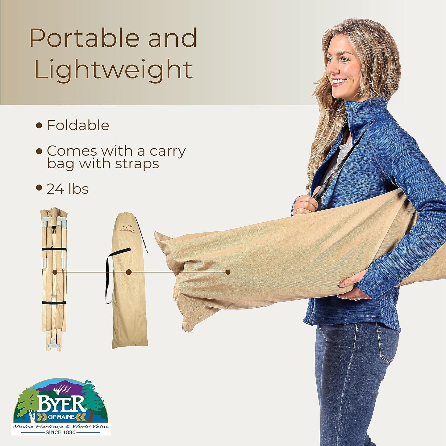 Folding Camping Cot - BYER OF MAINE Maine Heritage, 375 lbs Capacity, Portable & Durable