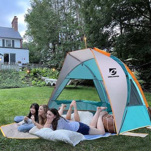 Unicamper Beach Tent 2-3 Person Sun Shelter UPF 50+ with Extended Waterproof Pe Floor & 3 Mesh Roll Up Windows Fits, Portable Beach Shade Easy Setup for Outdoor Camping, Indoor, Fishing, Yard. (Blue)