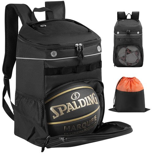 TRAILKICKER Basketball Bag Backpack with Ball Holder Multi-Sport Backpack for Soccer Volleyball Football Baseball Helmet (TK11-Black, Medium)