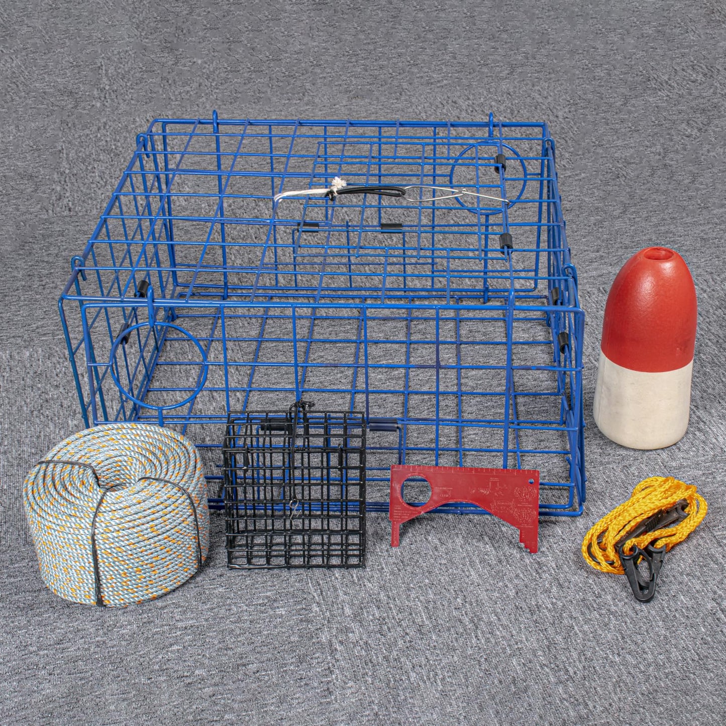 A1FISHER 2 Packs Pacific Folding Crab Trap 24''x24''x12'' Kit, with Crab Bait Cage, Gauge Measure, Trap Harness, 5/16" Dia-100’ Leaded Core Rope with 12.8’’x5.5’’ Red/White Float Buoy for Dungeness