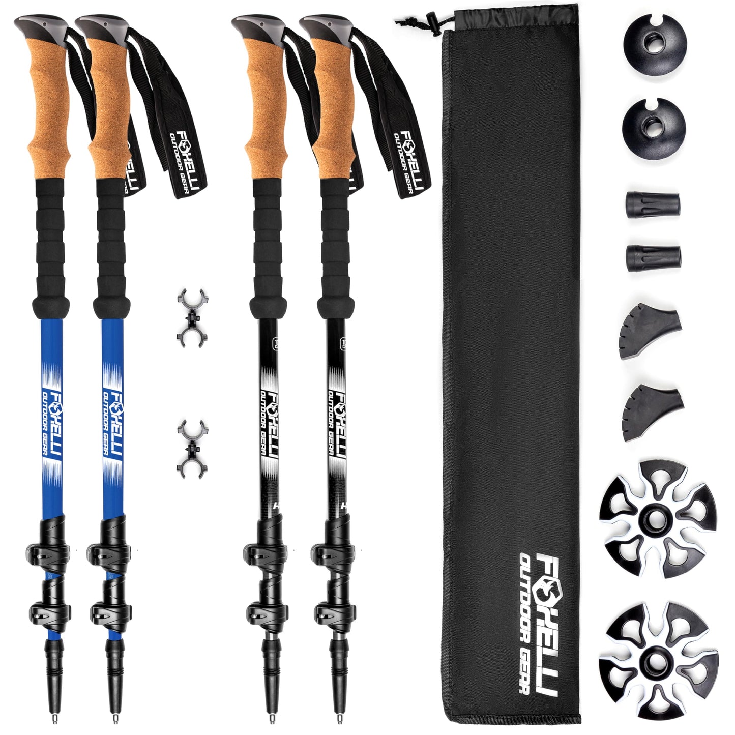 Foxelli Hiking Poles Bundle (2 Pairs) – Black & Blue Collapsible Lightweight Carbon Fiber Trekking Poles with Accessories