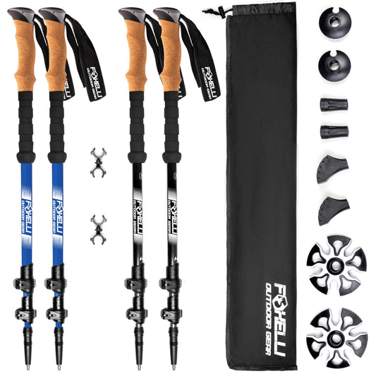 Foxelli Hiking Poles Bundle (2 Pairs) – Black & Blue Collapsible Lightweight Carbon Fiber Trekking Poles with Accessories