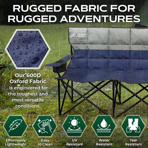 ZENTA GEAR Oversized Fully Padded Double Camping Chair, Portable Folding Loveseat w/Side & Back Pockets, Adjustable Armrests, Double-Sized Cup Holders for Outdoor, Indoor, Supports 530LBS (Dark Navy)