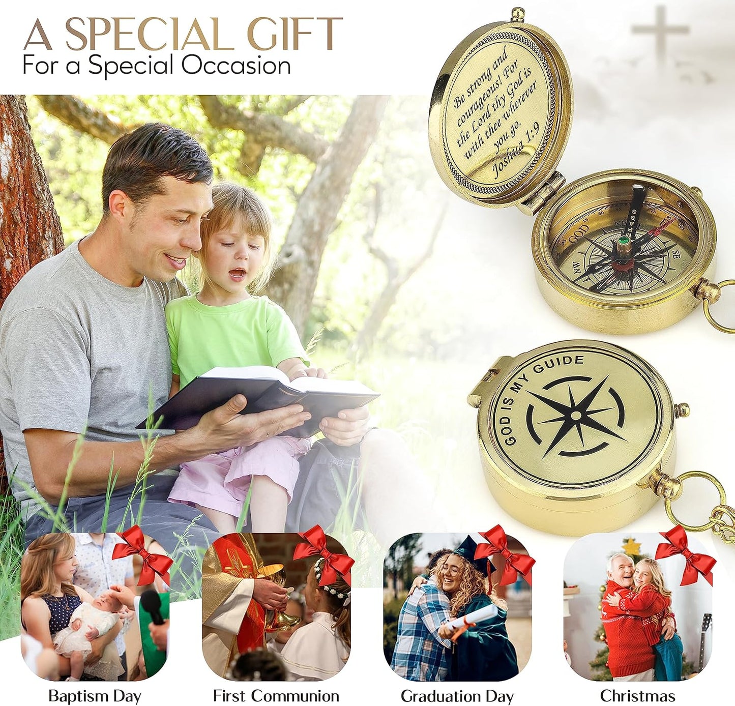 God is My Guide Brass Compass Gift with Display Box - Engraved Scripture Prayer Compass Religious Gift for Men & Women - Baptism, Confirmation, Communion Compass for Boys Graduation Gift