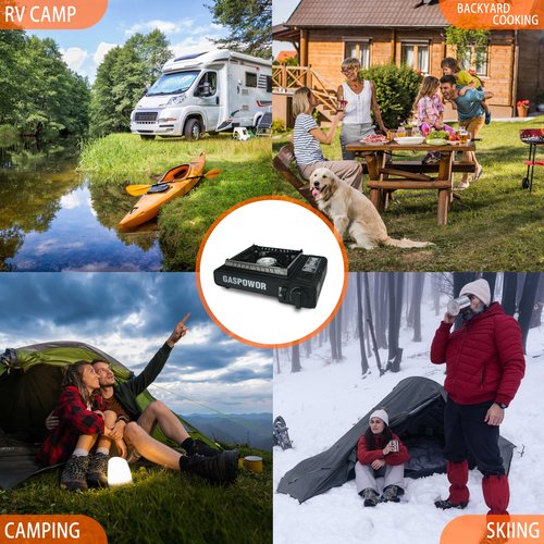 Propane or Butane Stove with Windblocker, Dual Fuel 10,000 BTU Propane Stove for Camping, Automatic Ignition, Gas Portable Stove with Propane Adapter Hose Carrying Case for Hiking (Fuel Not Included)