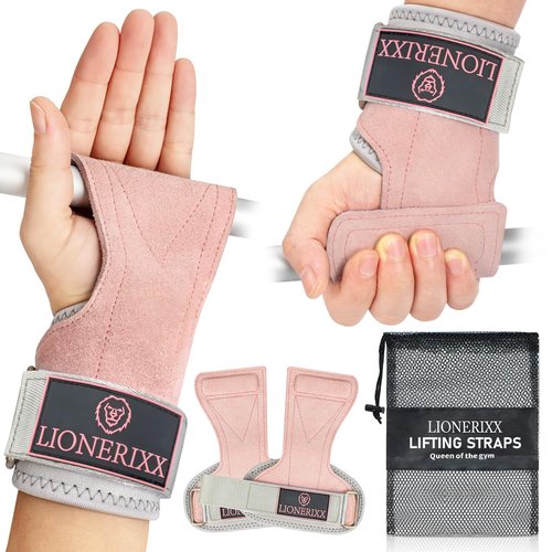 Lionerixx Pink Wrist Straps for Weightlifting Women - Dual Layer Leather Workout Grips for Deadlift and Powerlifting – Non-Slip Hand Wraps for Weight Lifting with Storage Bag