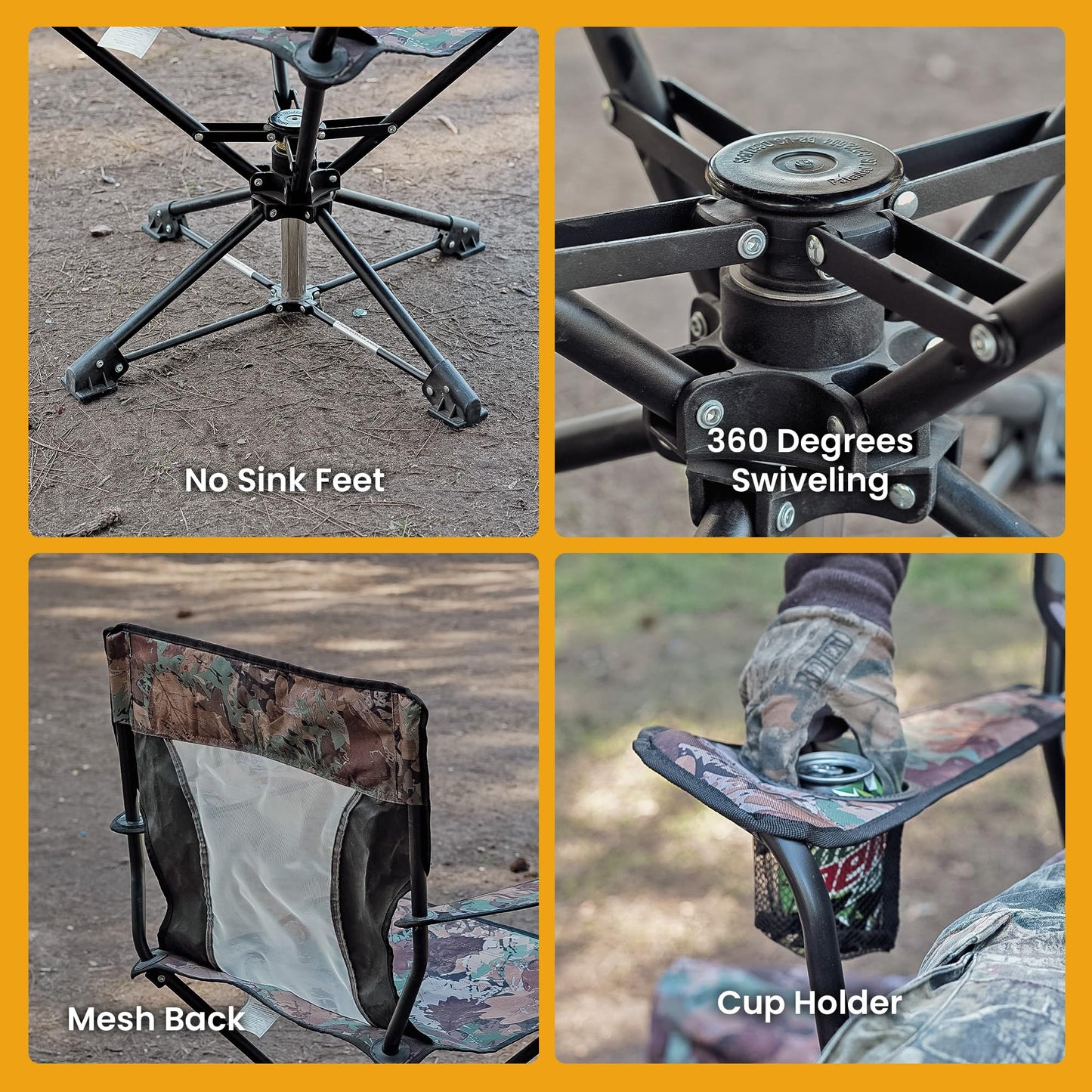 ARROWHEAD OUTDOOR 360° Degree Swivel Hunting Chair Stool Seat, Perfect for Blinds, No Sink Feet, Supports up to 450lbs, Carrying Case, Steel Frame, Fishing, High-Grade 600D Canvas, USA-Based Support