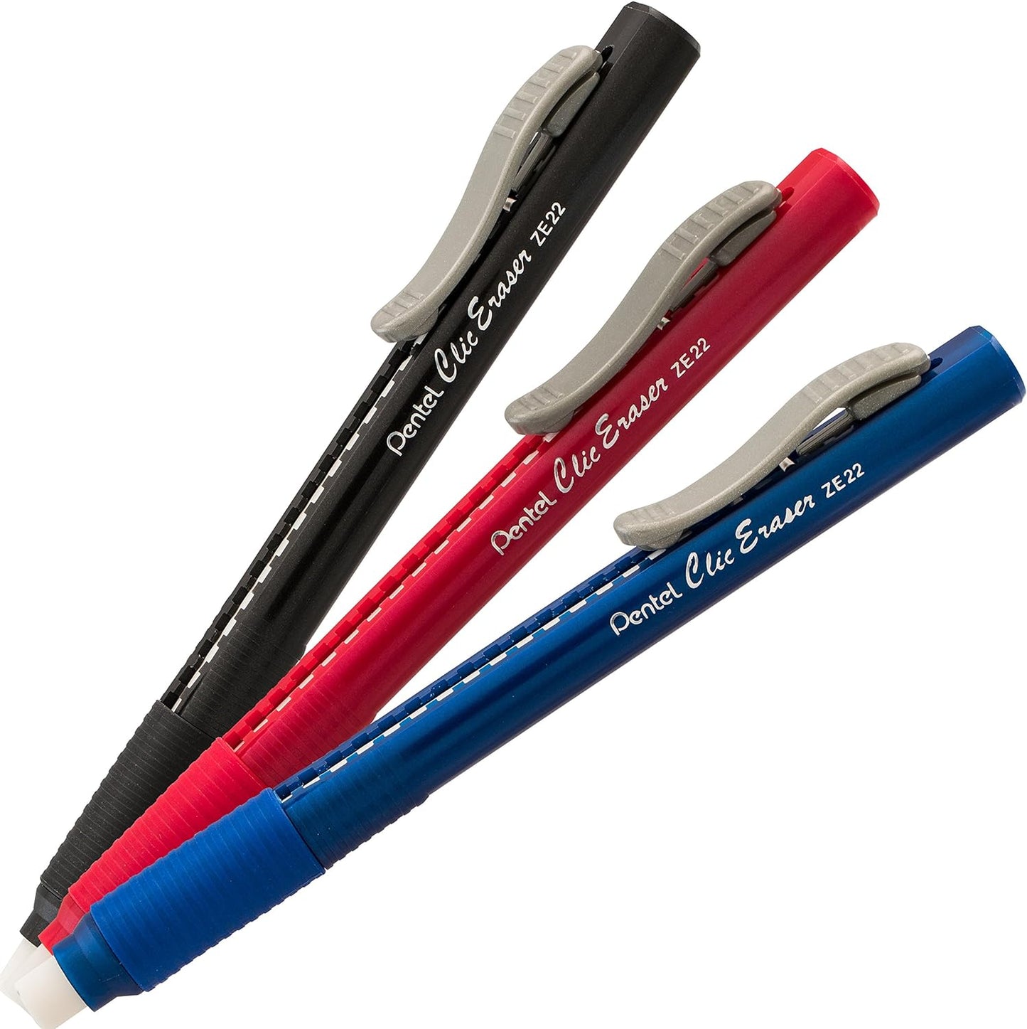 Pentel Clic Eraser Grip Retractable Eraser with Grip Office Barrel Colors (Black, Red, Blue) 7 Pack