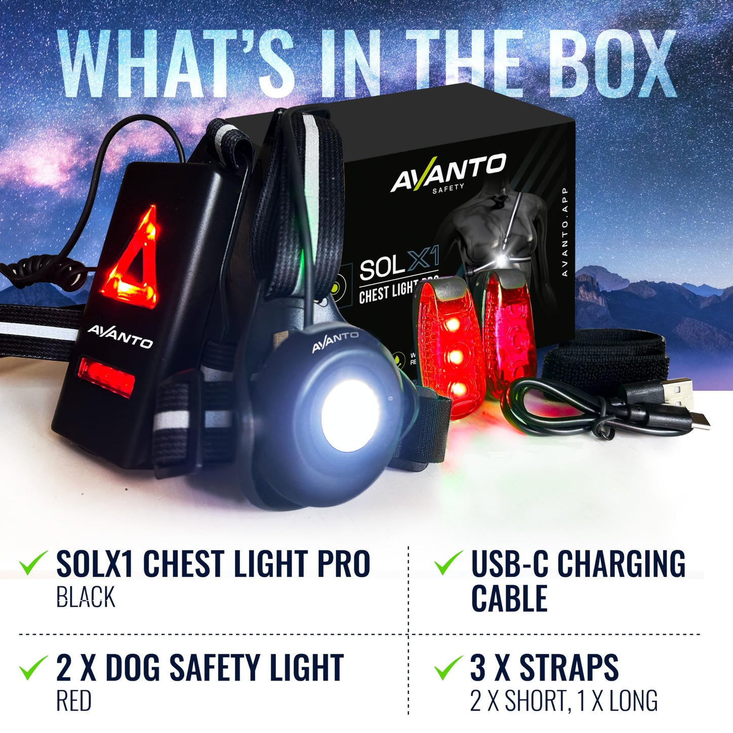AVANTO Chest Light and LED Dog Walking Set - Night Safety for Dogs, Bikes, Strollers, Running - Reflective Gear, Clip-on Light & Bicycle Safety