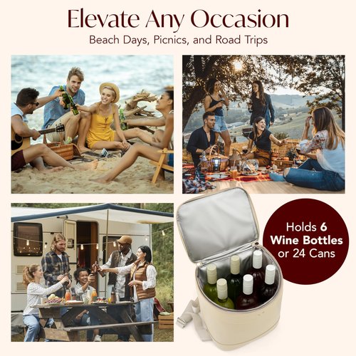 Insulated Cooler Backpack with 2 Stainless Steel Wine Tumblers – Leakproof & Spillproof Stylish Vegan Leather Picnic Cooler Bag – Lightweight & Portable – Holds 24 Cans or 6 Wine Bottles (Beige)
