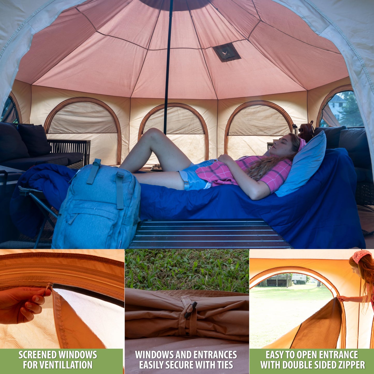 Glamping Canvas Tent - 16x9ft Tent with Stove Jack, Canopy Vents