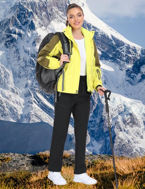 MoFiz Women's Waterproof Windproof Snow Ski Pants Insulated Fleece Lined Winter Hiking Fishing Pants High Waist Pull-On with Drawstring Zipper Pockets Black M
