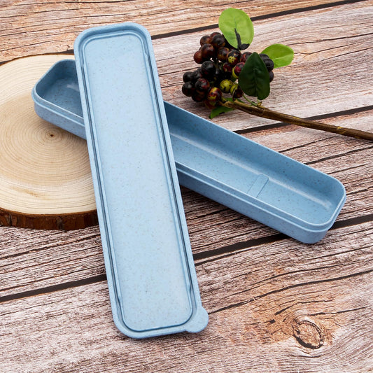 OriGlam 1pcs Reusable Utensils Wheat Straw Travel Cutlery Box, Portable Tableware Flatware Box for Picnic Camping (Blue)