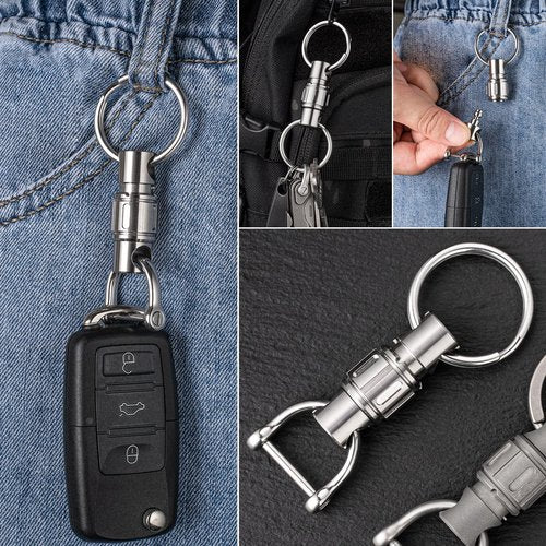 TISUR Quick Release Keychain,Titanium Carabiner Keychain,Detachable Pull Apart Swivel Key Chain for Men Women (Polished Keychain +2pcs Stainless Steel Key Rings)