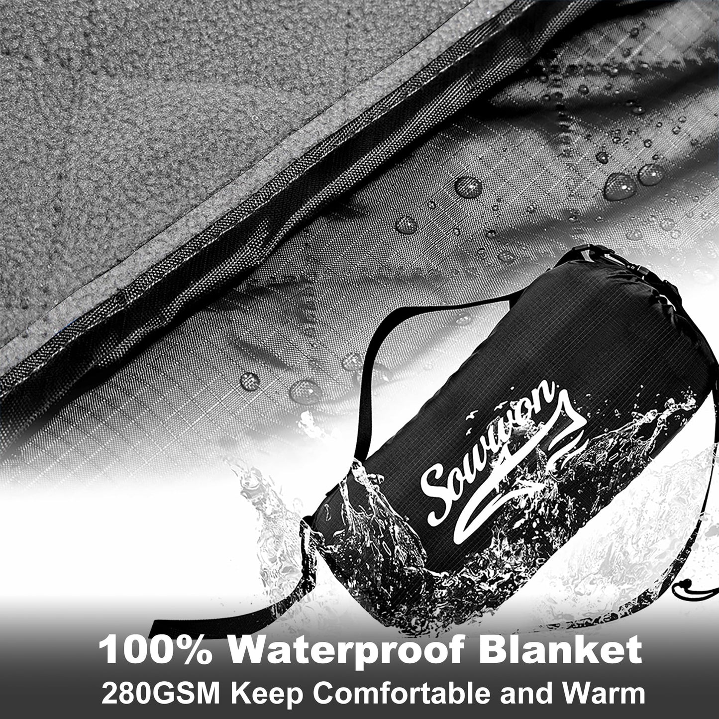 Waterproof Outdoor Blanket 82”X 55” Packable, Stadium Blankets for Camping with Fleece Lining, Large Windproof Emergency Throw Mat for Garss Picnic Hiking Road Trip, Machine Washable, Black 280GSM