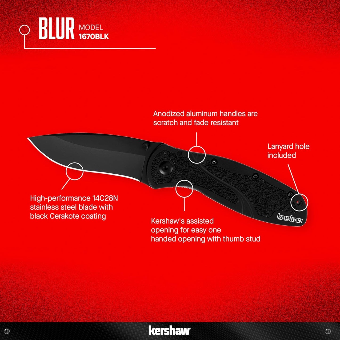 Kershaw Blur Black (1670BLK) Everyday Carry Pocketknife, 3.4 inch Stainless Steel Drop Point Blade, Cerakote Blade Finish, SpeedSafe Opening, Reversible Pocketclip; 3.9 OZ