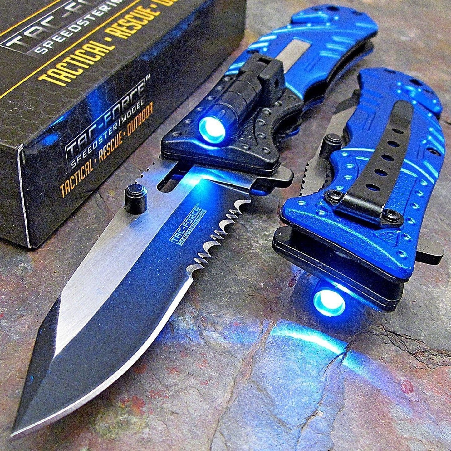 TAC-FORCE Pocket Folding Knife, 8" Overall, Two Tone Blade, LED, Rescue, EDC