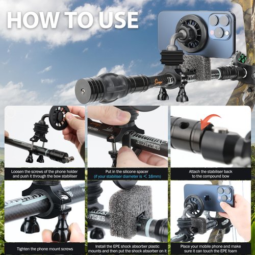 SUNYA Archery Bow Stabilizer Phone Mount. Strong Magnetic, Aluminum Alloy, with Damping System. Archery Phone Holder Compatible with Magsafe iPhone 15/14/13/12 or Other Phones. Flexible Viewing