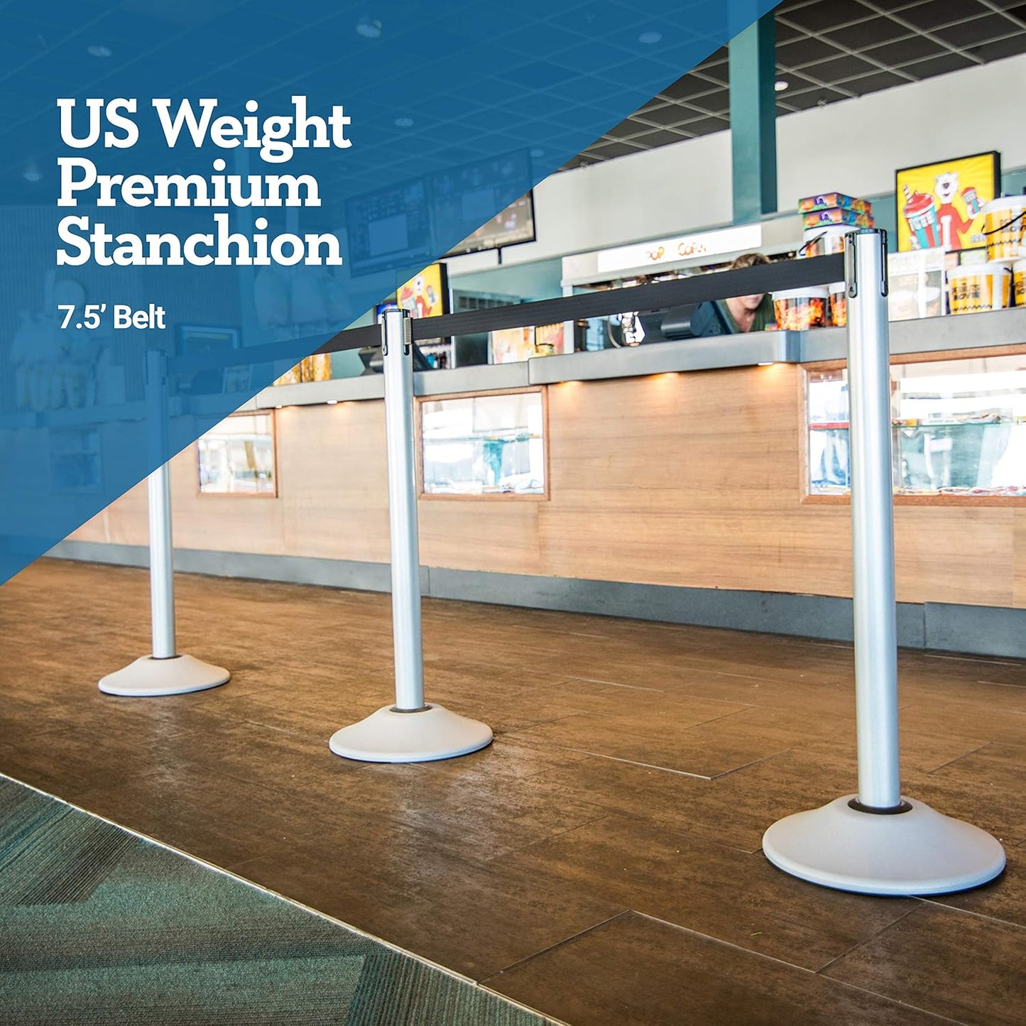 US Weight Premium Silver Steel Stanchion with 7.5-Foot Retractable Belt