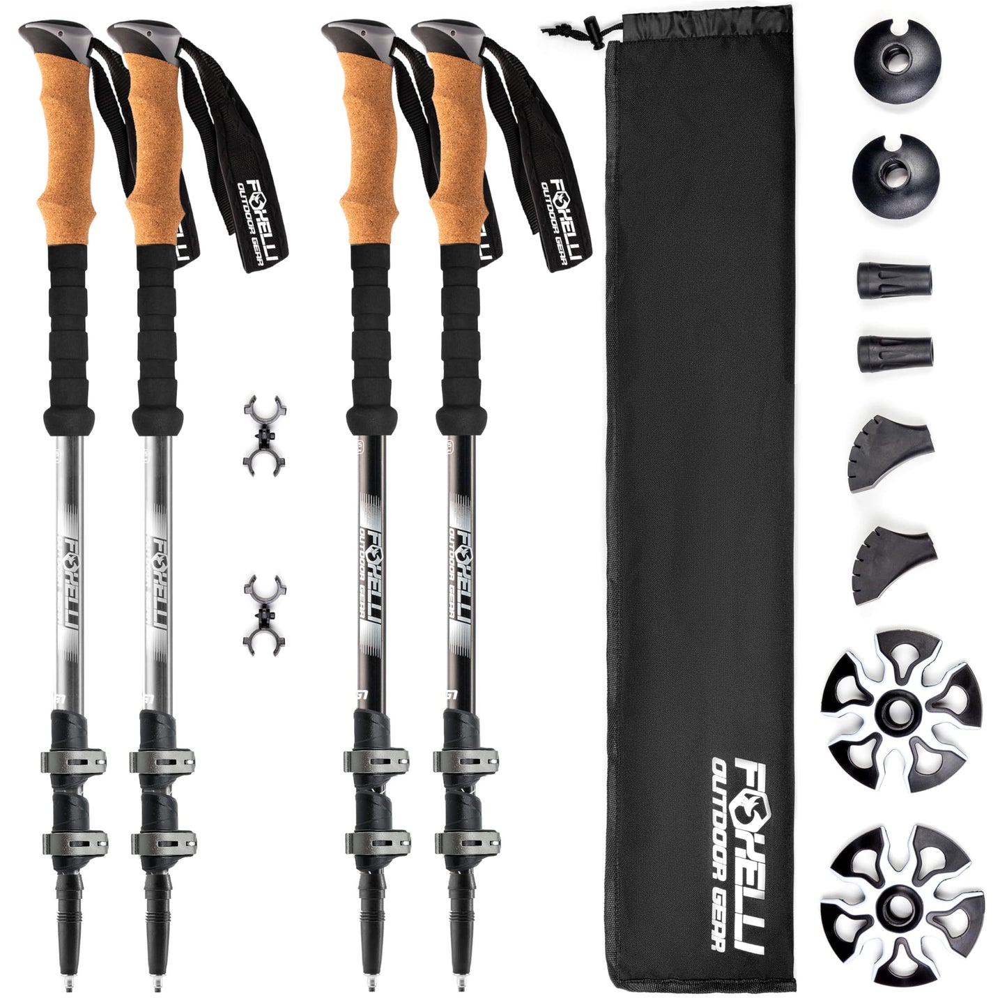 Foxelli Hiking Poles Bundle (2 Pairs) – Grey & Black Collapsible Lightweight Aircraft-Grade Aluminum Trekking Poles with Accessories