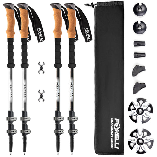Foxelli Hiking Poles Bundle (2 Pairs) – Grey & Black Collapsible Lightweight Aircraft-Grade Aluminum Trekking Poles with Accessories