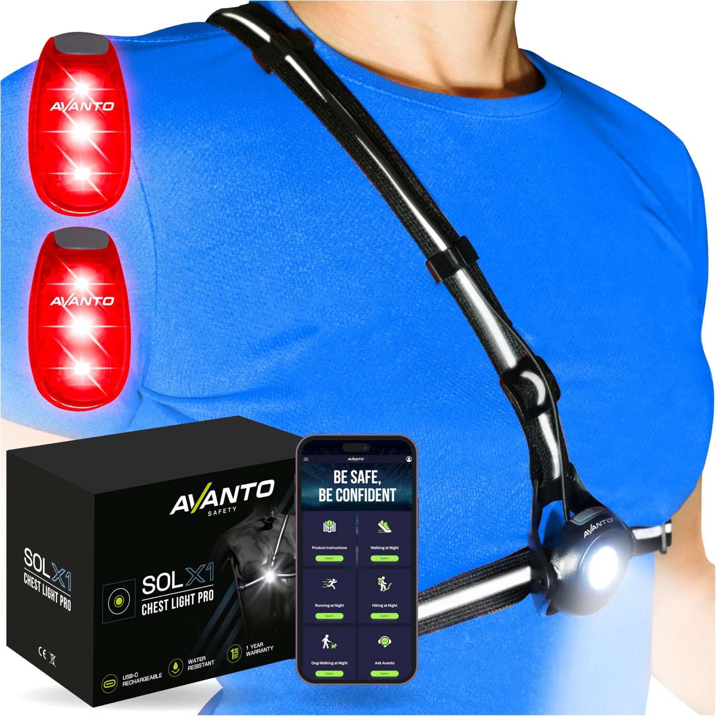AVANTO Chest Light and LED Dog Walking Set - Night Safety for Dogs, Bikes, Strollers, Running - Reflective Gear, Clip-on Light & Bicycle Safety