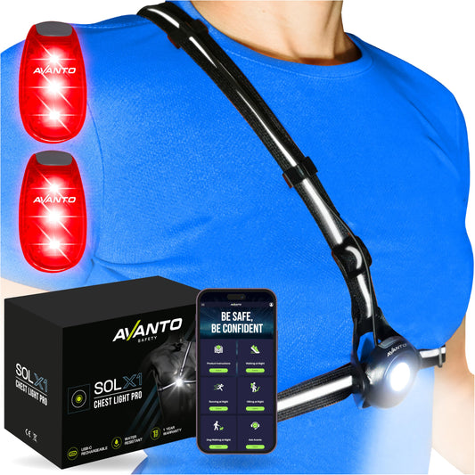 AVANTO Chest Light and LED Dog Walking Set - Night Safety for Dogs, Bikes, Strollers, Running - Reflective Gear, Clip-on Light & Bicycle Safety