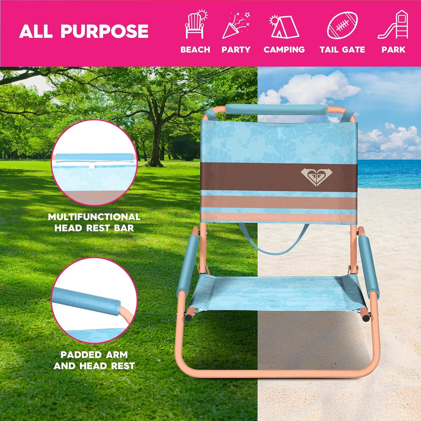 ROXY Beach Chair – Lounge Chair Outdoor, Lightweight Folding Chair with Adjustable Recline and Cup Holder – Beach Days, Pool Lounge Chairs, Folding Camping Chairs, Sun Tanning Chair or Festival