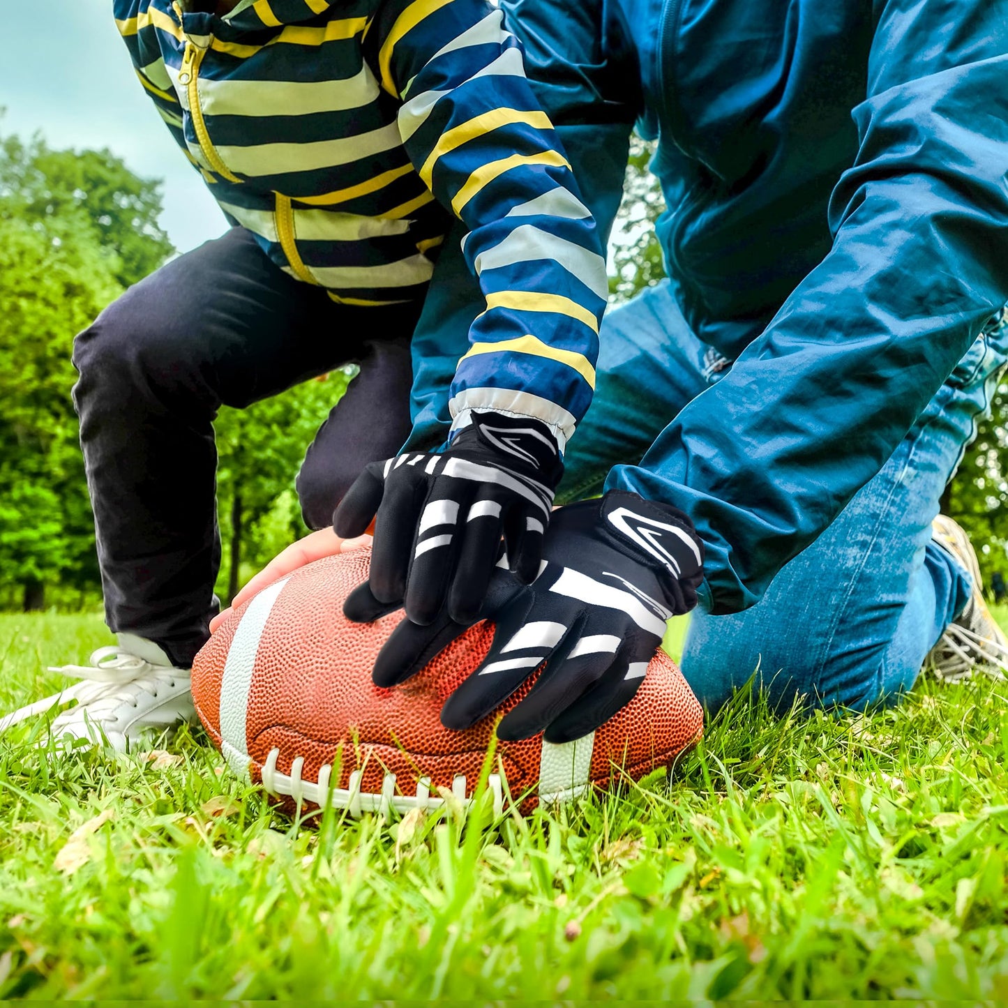 Alytree Football Gloves for Kids 8-12, No-Slip Youth Wide Receiver Glove, Enhanced Performance Silicone Gloves, Adjustable Super Sticky for Boys and Girls (Blue-Black-M/L)