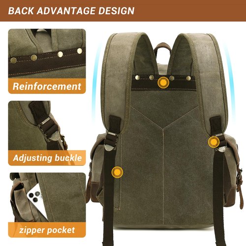 HuaChen Vintage Canvas Leather Backpack: Spacious Durable Rucksack for Men & Women, Perfect for Travel and College Life - M86 Army Green Coffee