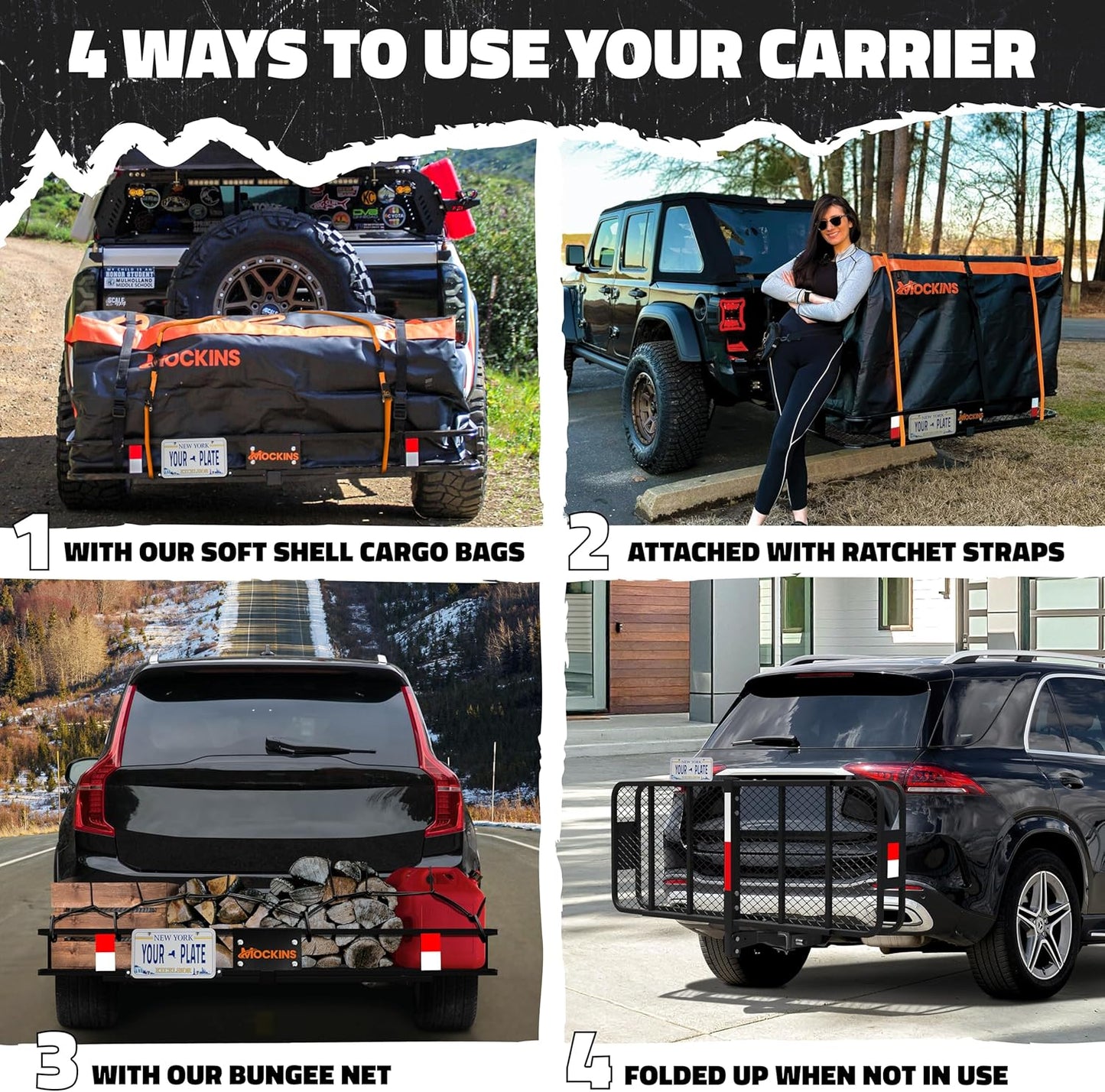 Mockins 60"x20"x6" Folding Trailer Hitch Cargo Carrier w/ 20 Cu.Ft. Waterproof Cargo Bag for Hitch Carrier | 500 Lbs. Capacity Weatherproof Luggage Rack for SUV Car & Truck w/Car Trailer Accessories