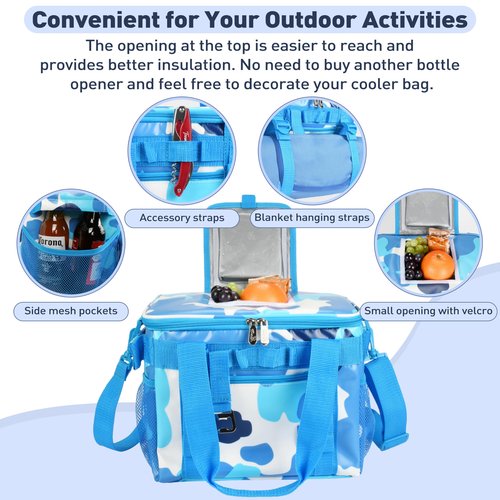 Tirrinia Soft Cooler Bag 24 Cans, Insulated Leakproof Portable Cooler with Lightweight & Adjustable Strap - Small Beach Cooler for Camping, Travel, Car, Picnic, Lunch Cooler Box, Blue Camo