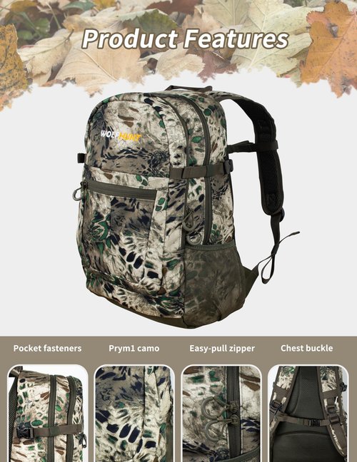 WOLFHUNT Camouflage Hunting Backpack for Men, Medium Camo Hunting Pack Hiking Day Pack for Hiking, Fishing, Shooting, 24 L,Prym1 MP