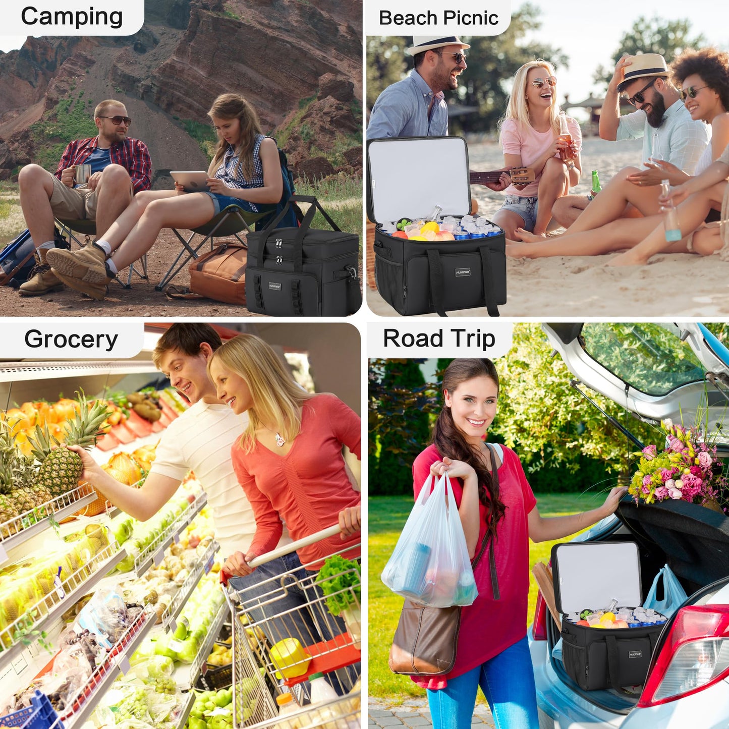 Hulongo Insulated Soft Cooler Bag, Large Ice Coolers Soft Sided Ice Chest for Beach, Camping, Car, Collapsible and Portable, 42L, 60Cans, Black