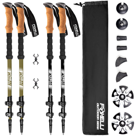 Foxelli Hiking Poles Bundle (2 Pairs) – Black & Khaki Collapsible Lightweight Carbon Fiber Trekking Poles with Accessories