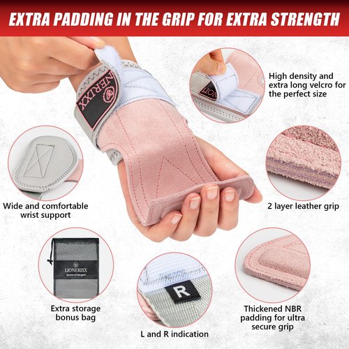 Lionerixx Pink Wrist Straps for Weightlifting Women - Dual Layer Leather Workout Grips for Deadlift and Powerlifting – Non-Slip Hand Wraps for Weight Lifting with Storage Bag