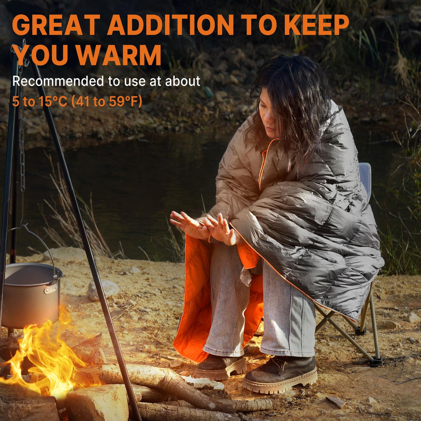 Gaialoop Down Puffy Blanket for Car Camping Outdoor Travel Backpacking, Duck Down Lightweight Portable Soft Warm Cozy Camping Blanket Quilt, 53"x78", Light Gray