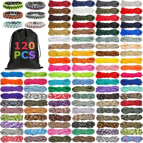 Riakrum 120 Pcs Paracord Rope 550 10 Feet Multifunction Paracord Cord Parachute DIY Bracelets Making Kit with Drawstring Bag for Making Lanyard Dog Collar Gift(Bright Colors)