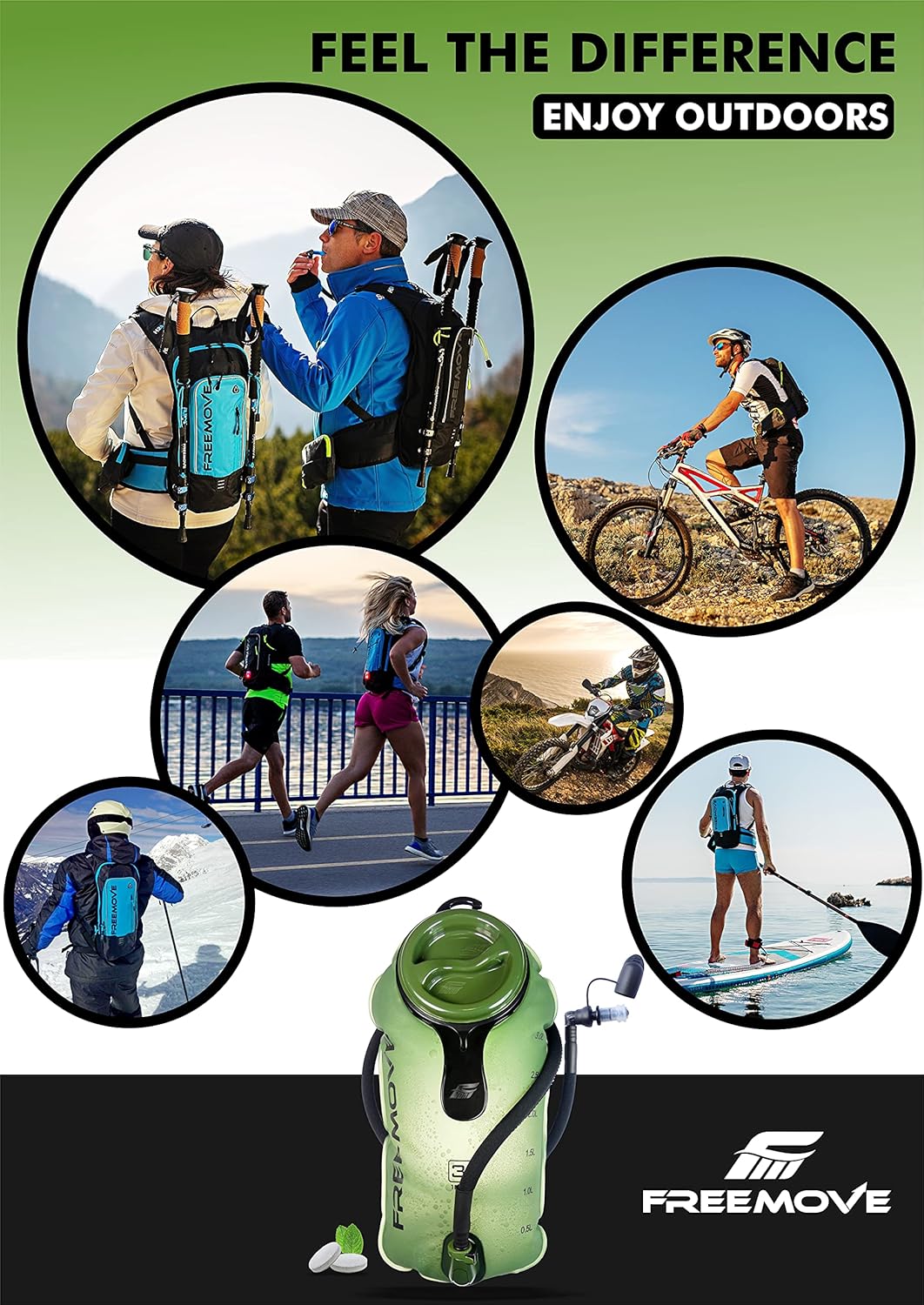 FREEMOVE Hydration Bladder 2L / 3L Water Bladder for Hiking Backpack &gt;Blue or Green&lt; Leak Proof Hydration Pack, Tasteless & BPA Free, TPU Water Reservoir, Quick Release Insulated Tube & Shutoff Valve