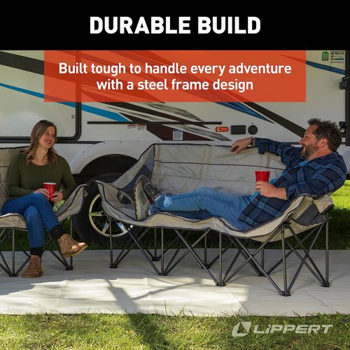 Lippert Campfire Folding Couch - Sand, High-Loft, Foldable Sofa, Dual Cup Holders, Power Coated Steel Frame, Durable 600D Polyester Fabric for Outdoor Use, 500 lb. Capacity, 2022114795