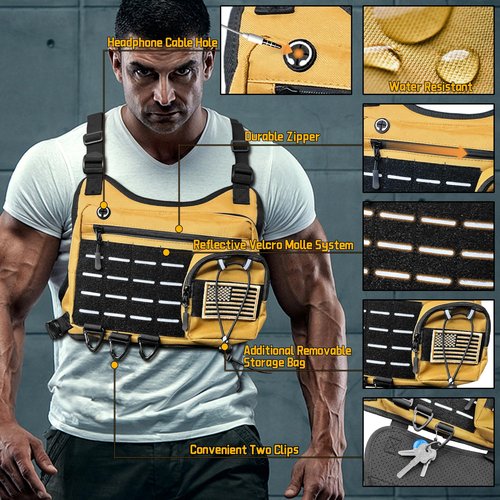 Dlaeey Concealed Carry Holster with Hook & Loop Backed for Backpack/Fanny/Vehicle, & Sports Chest Bag Lightweight Front Running Vest Pouch,Built-In Phone Holder & Extra Storage (Khaki)