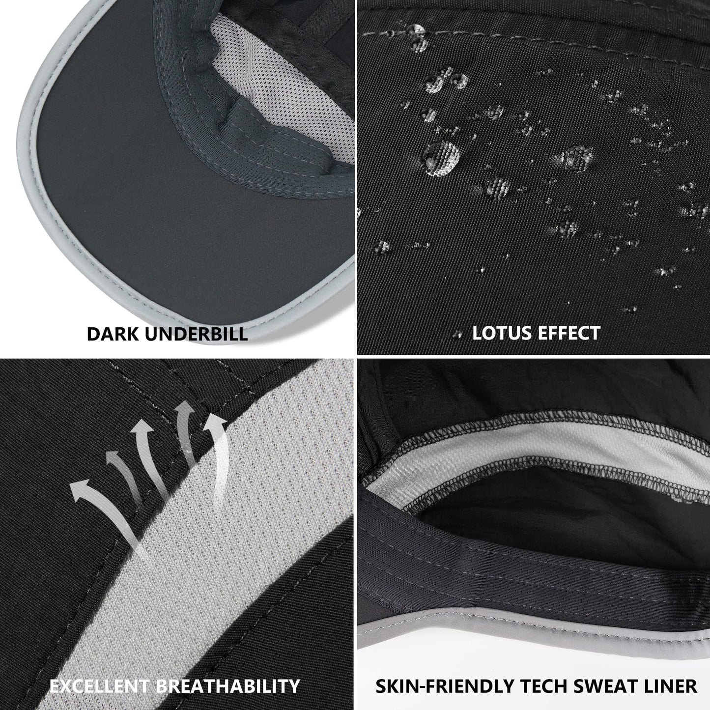 GADIEMKEN 2 Pack Foldable Sports Sun Hat for Men & Women, UPF50+ Protection, Quick Drying, Summer Hiking & Running Hat, Black & Dark Grey