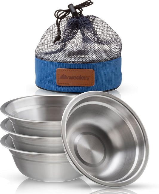 Wealers Stainless Steel Bowl Set - 6 inch Ultra-Portable Dinnerware Round BPA Free Bowls with Mesh Travel Bag for Outdoor Camping | Hiking | Picnic | BBQ | Beach